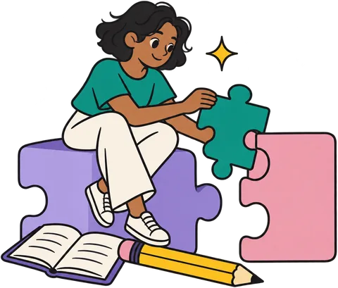 A curious learner fitting puzzle pieces together beside a notebook and pencil
