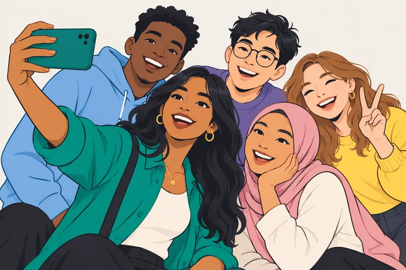Five friends lean together for a joyful group selfie.
