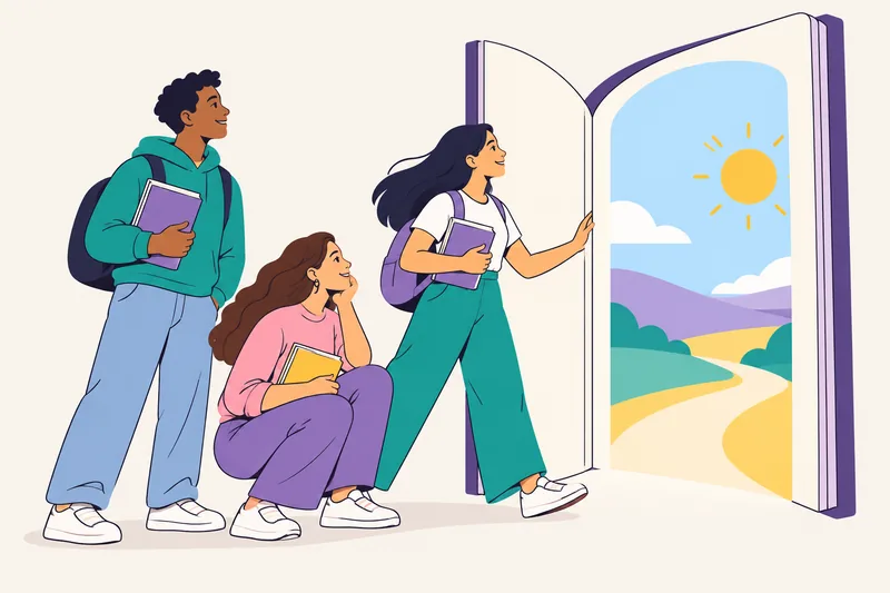 Three curious learners approach an open book-shaped doorway.