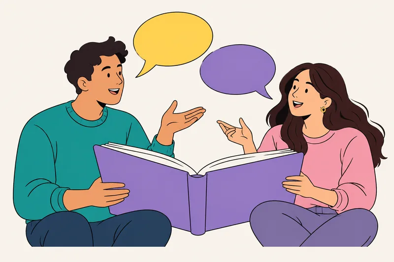 Two readers exchange ideas across an open book and speech panels.