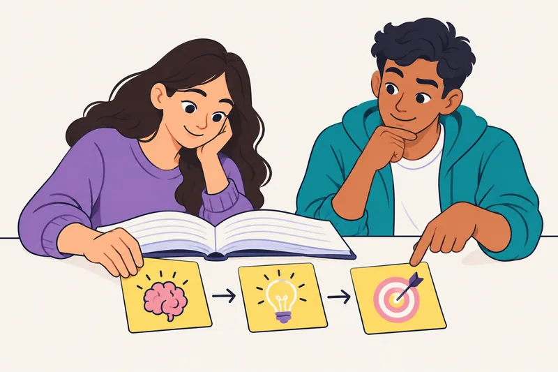 Two learners connect memory, understanding and practice beside an open book.