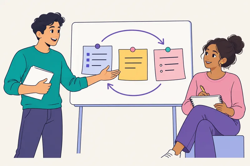 Two educators discuss a feedback cycle while one takes notes.