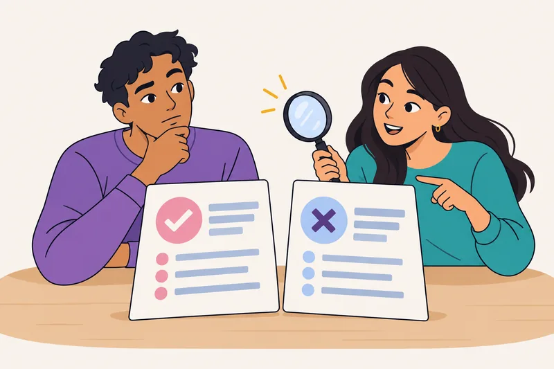 A curious reader compares two different explanations beneath a magnifying glass.