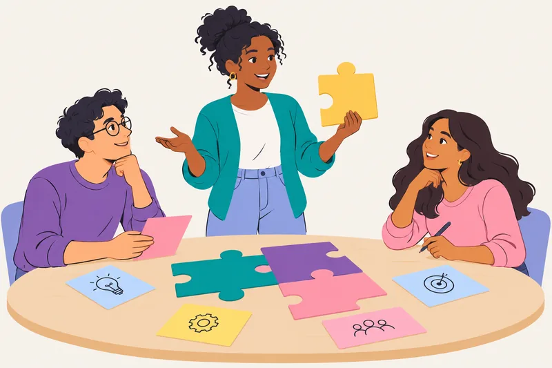 Three adult educators discuss ideas and puzzle pieces around a shared table.