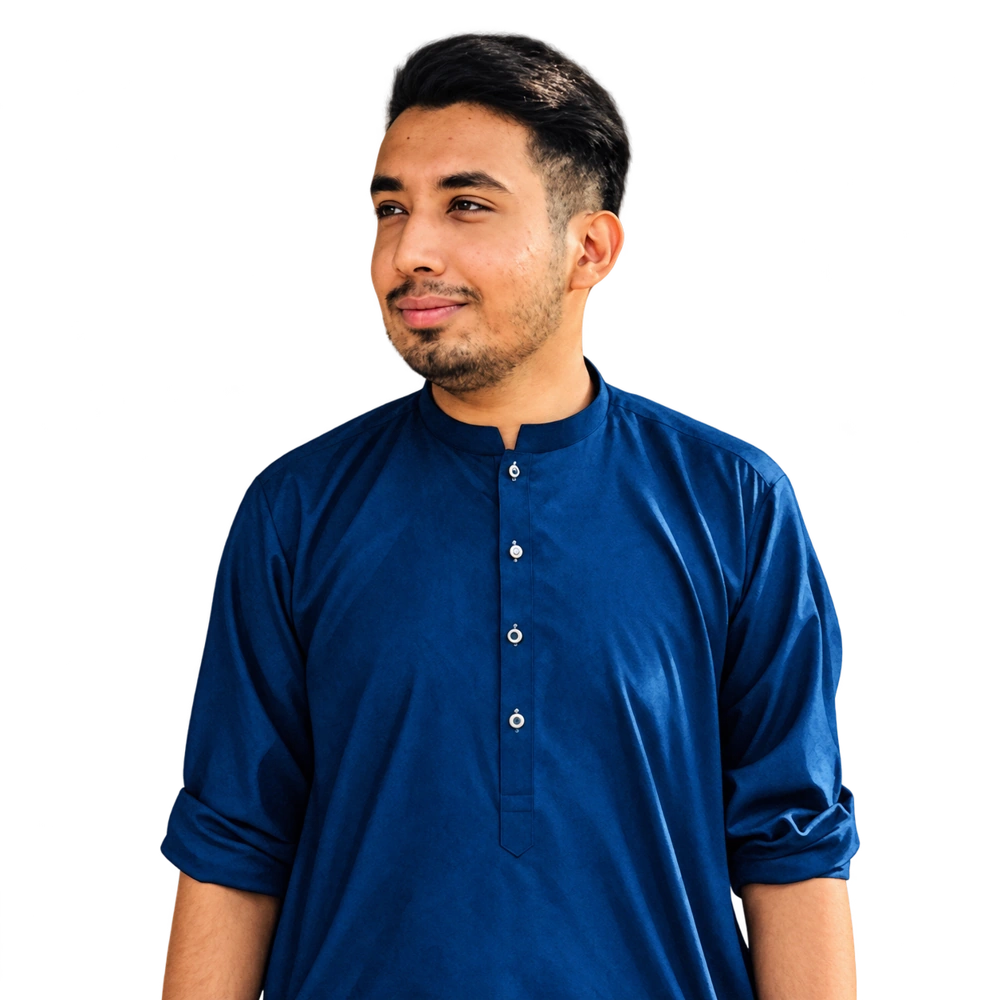 Noushad Nizar Ali, founder of TeachBox, wearing a navy blue kurta.
