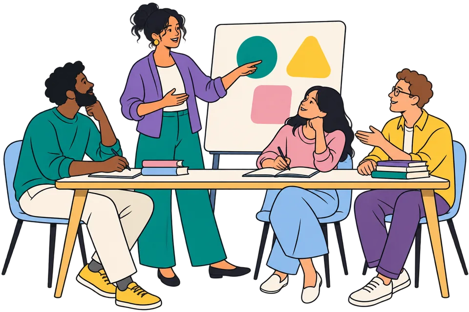 An educator and learners sharing ideas around a learning table