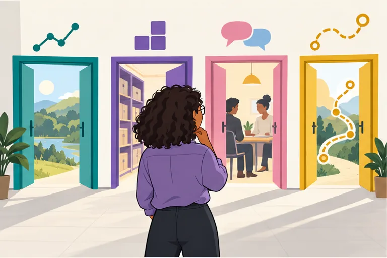 A researcher considers four doorways representing change, discovery, language and explanation.