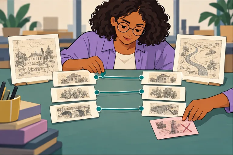 The researcher compares matching evidence cards and sets a conflicting card aside.