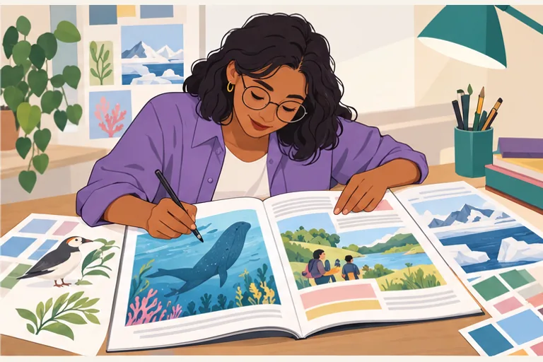 The editor checks a source and refines an illustrated magazine spread.