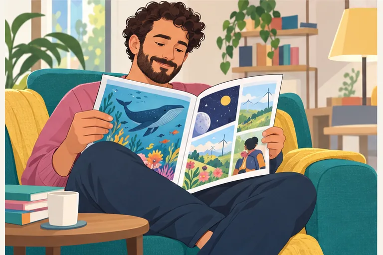 A reader turns the pages of an illustrated magazine.