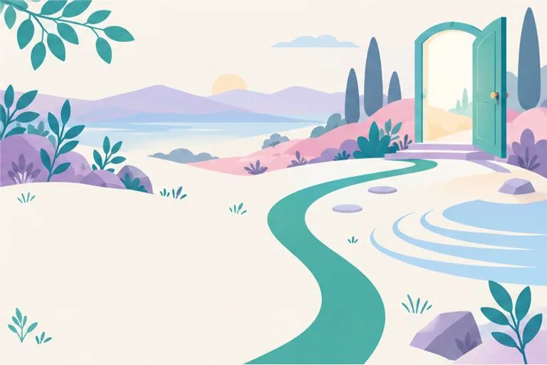 The official Thought Pebble approaches a new path and an open doorway.