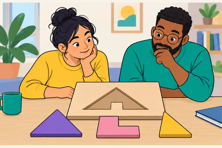 Two learners study a geometric puzzle and the pieces available to them.