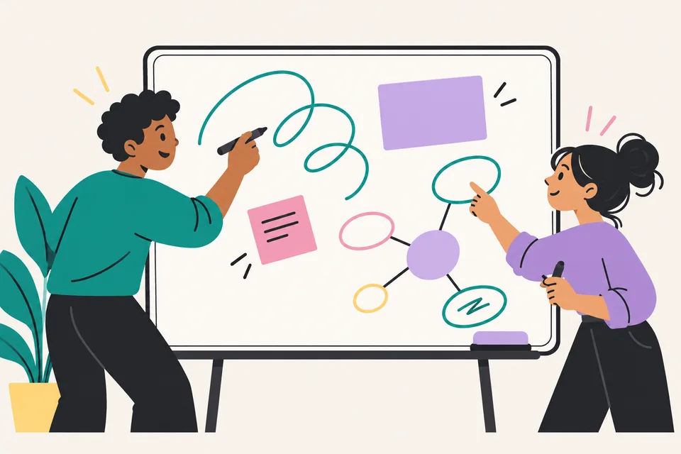 Two people sketching ideas and diagrams on a whiteboard